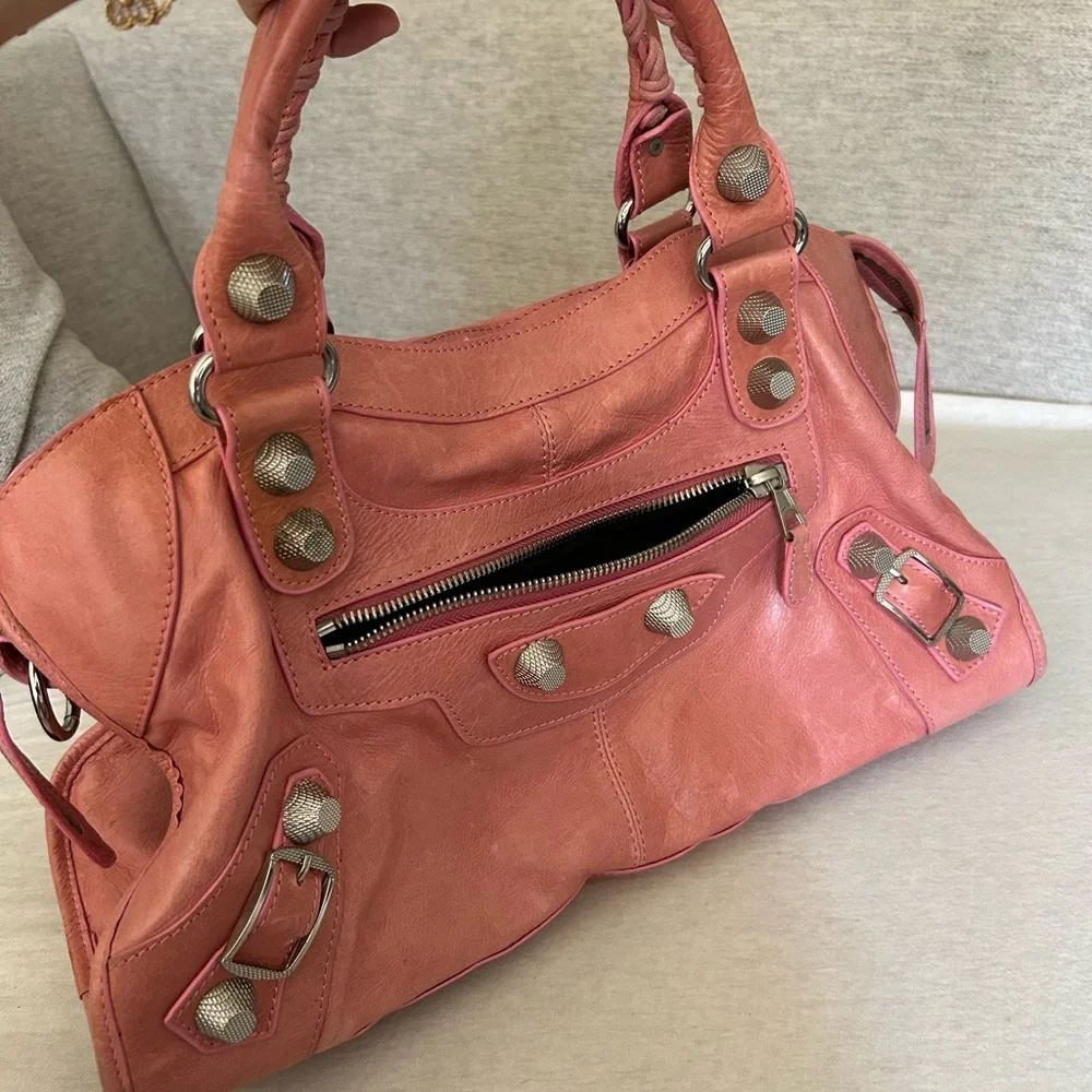 Coral Pink Leather Satchel Bag with Detachable Strap - Picture 2 of 16
